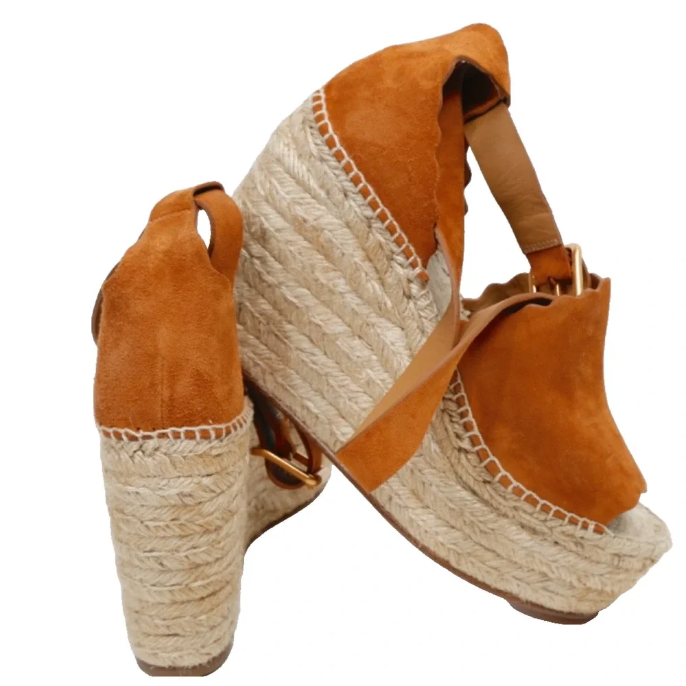 Chloe Lauren Scalloped Suede Espadrille Wedge Sandals 38 Tan Chestnut Platforms
